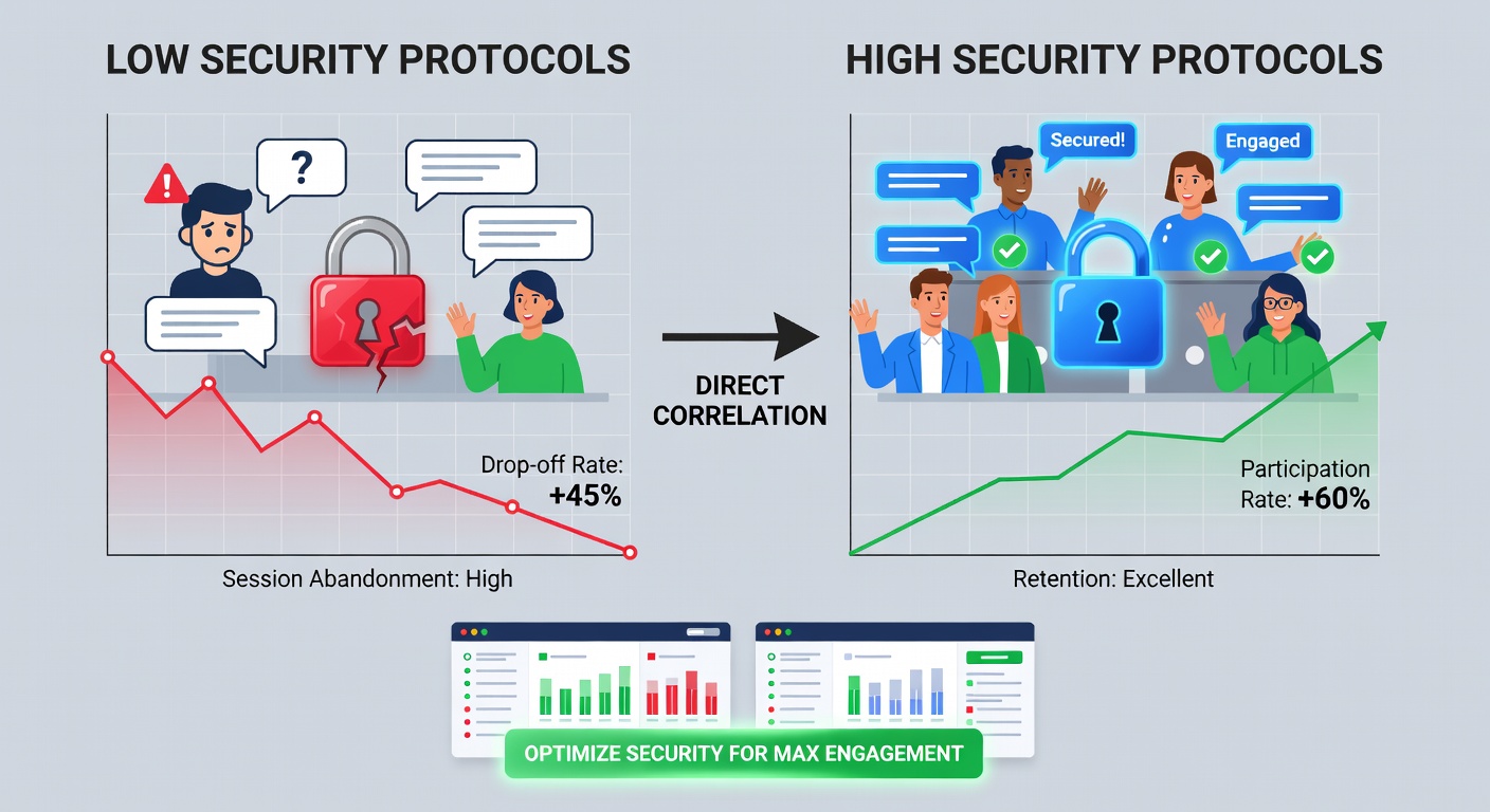 Graph displaying engagement metrics alongside security protocol implementations in virtual interactive environments