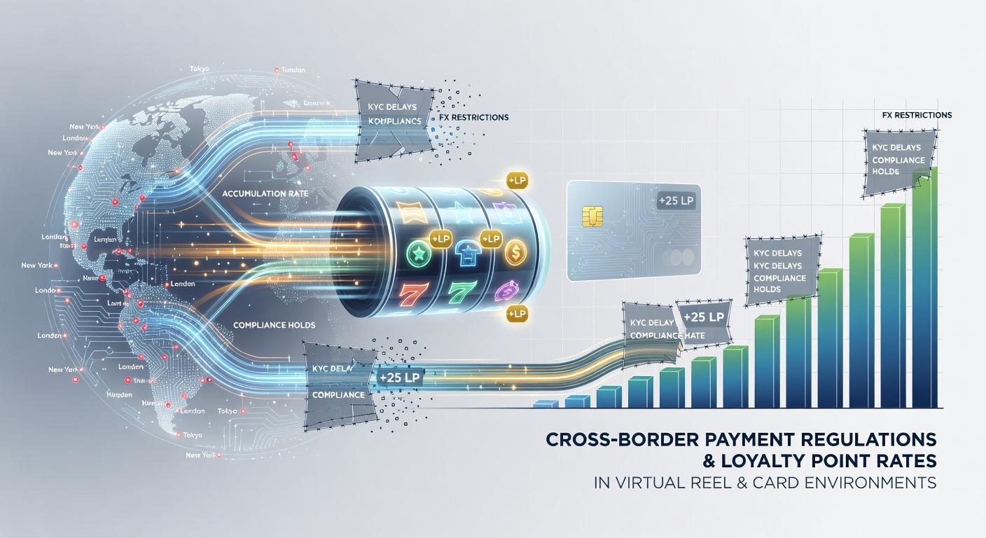Illustration showing digital payment flows crossing borders with regulatory checkpoints affecting virtual gaming loyalty systems