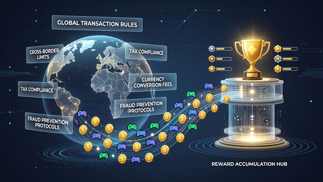 Illustration of global transaction regulations shaping reward points in virtual gaming environments