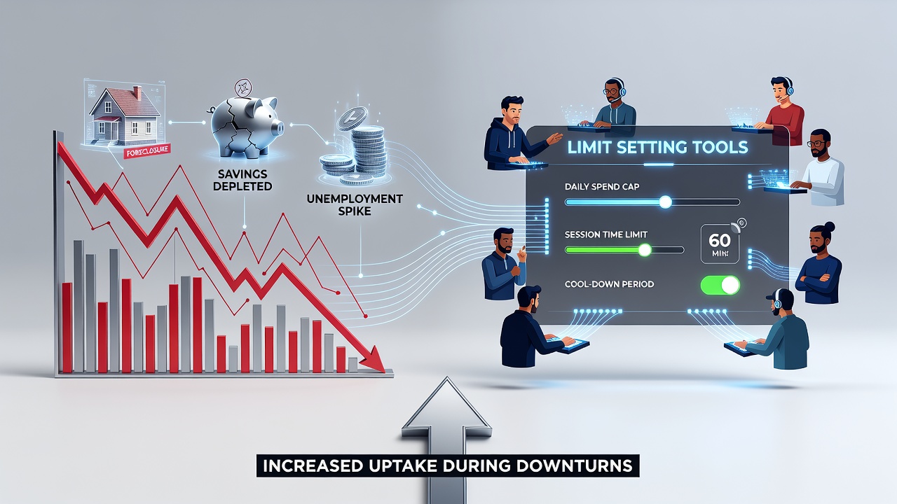 Graph showing economic indicators alongside limit-setting tool adoption rates in online gaming platforms from 2020 to 2026
