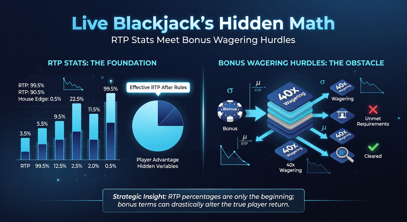 Close-up of wagering calculator overlay on live blackjack interface, showing RTP drop due to bonus terms