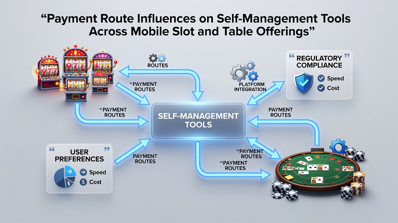 Mobile slot and table game interfaces displaying various payment route options and self-management controls