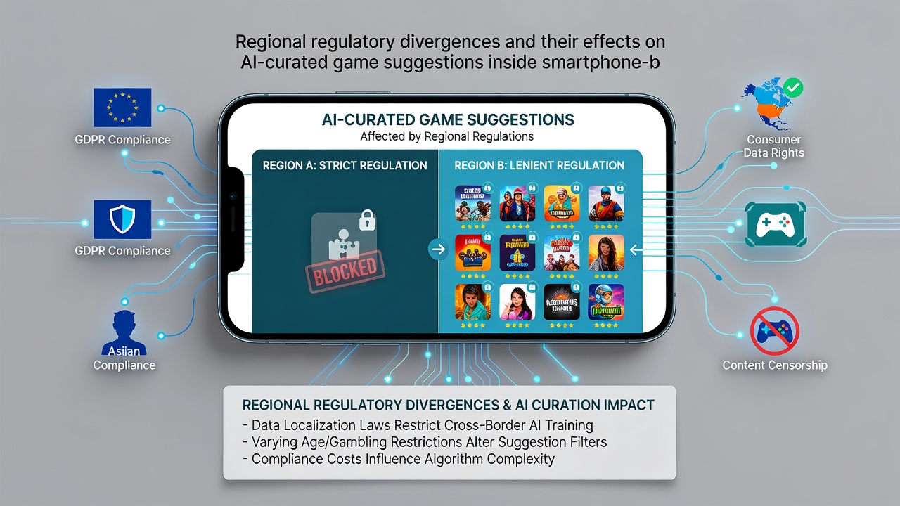 Infographic illustrating regulatory differences across regions and their impact on mobile gaming AI features